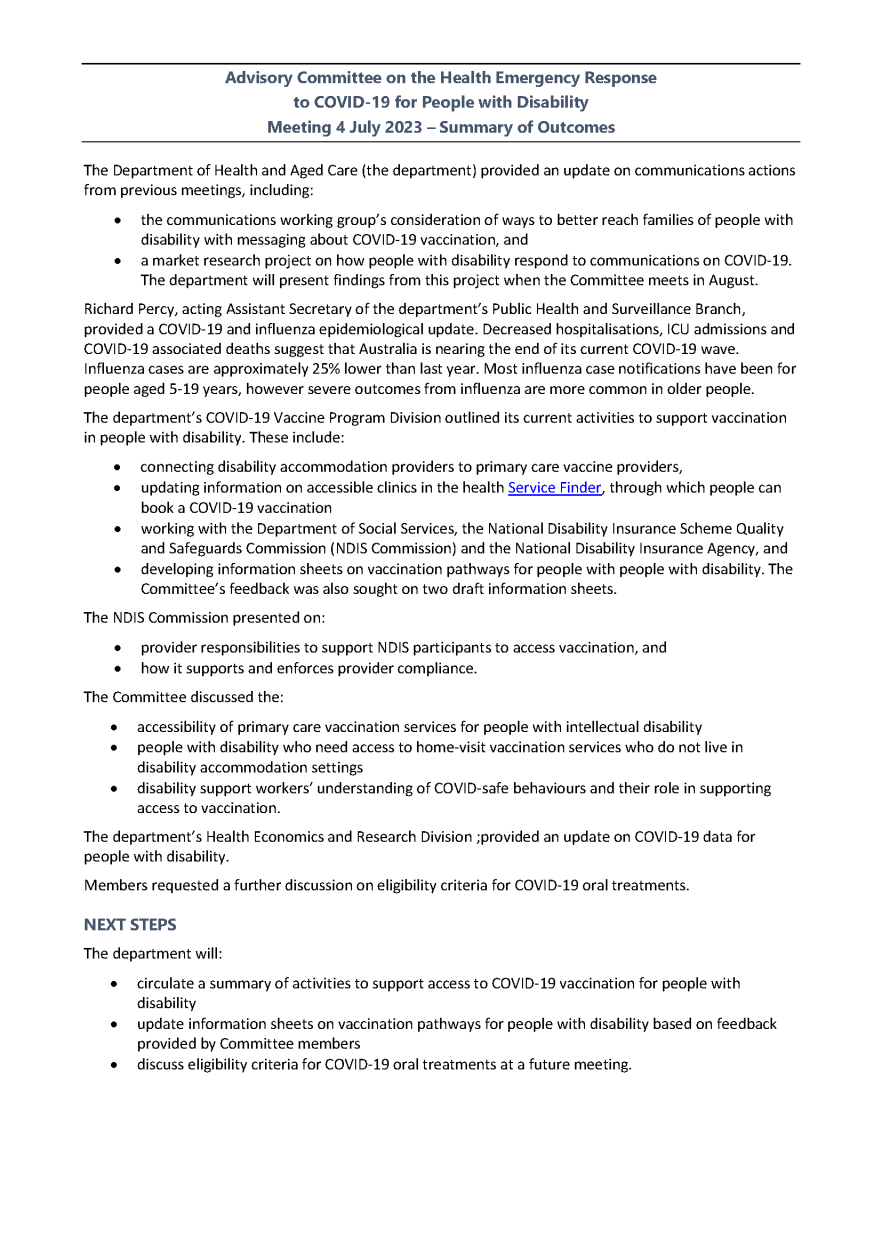 Advisory Committee for the COVID-19 Response for People with Disability – Summary of outcomes 4 July 2023