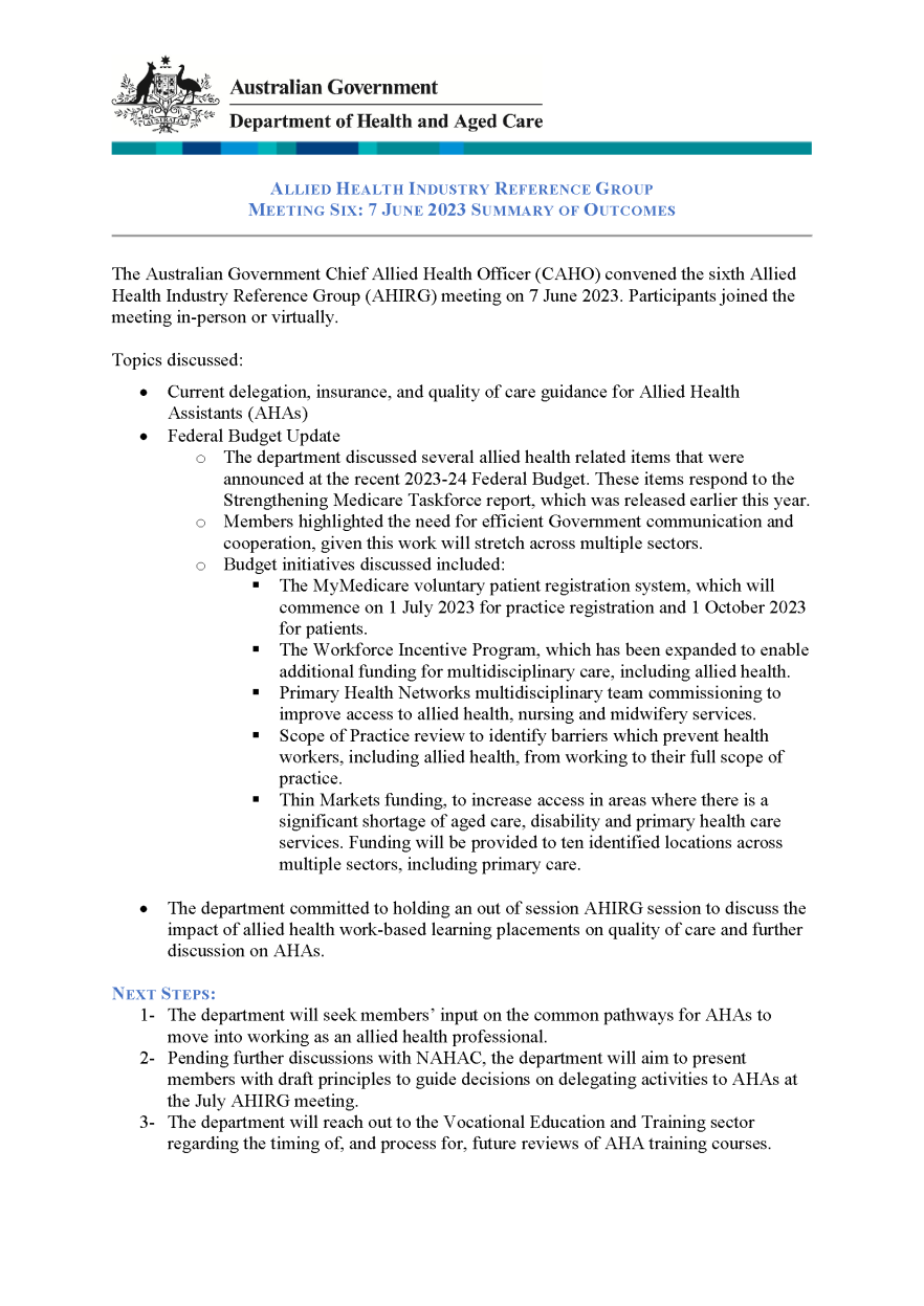 Allied Health Industry Reference Group – Summary of outcomes – 7 June 2023