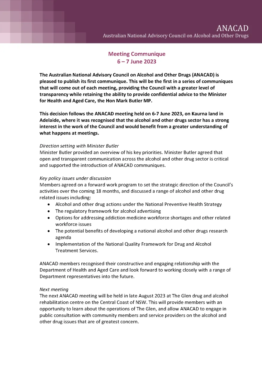 Australian National Advisory Council on Alcohol and Other Drugs – Communiques