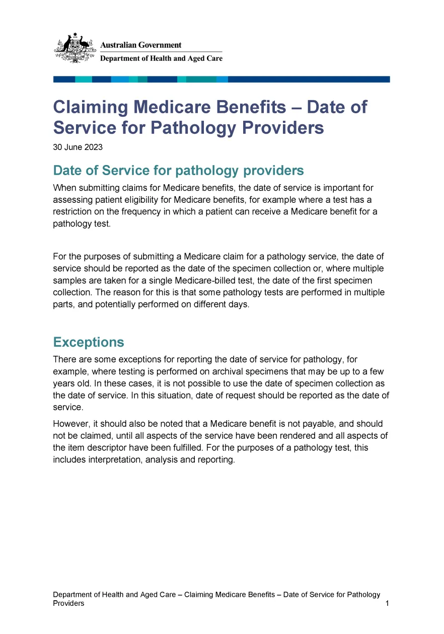 Claiming Medicare Benefits – Date of Service for Pathology Providers 