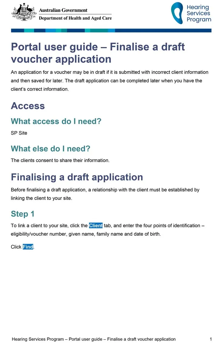 Hearing Services Program portal user guide – Finalise a draft voucher application