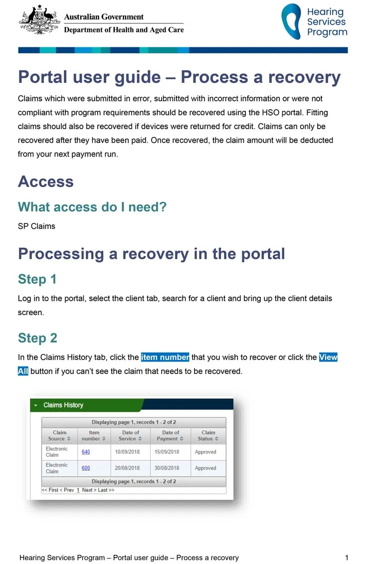 Hearing Services Program portal user guide – Process a recovery