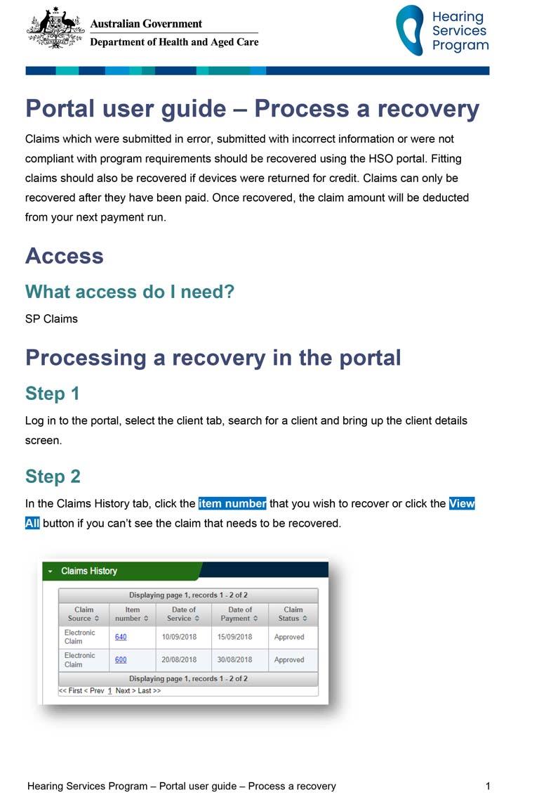 Hearing Services Program portal user guide – Process a recovery