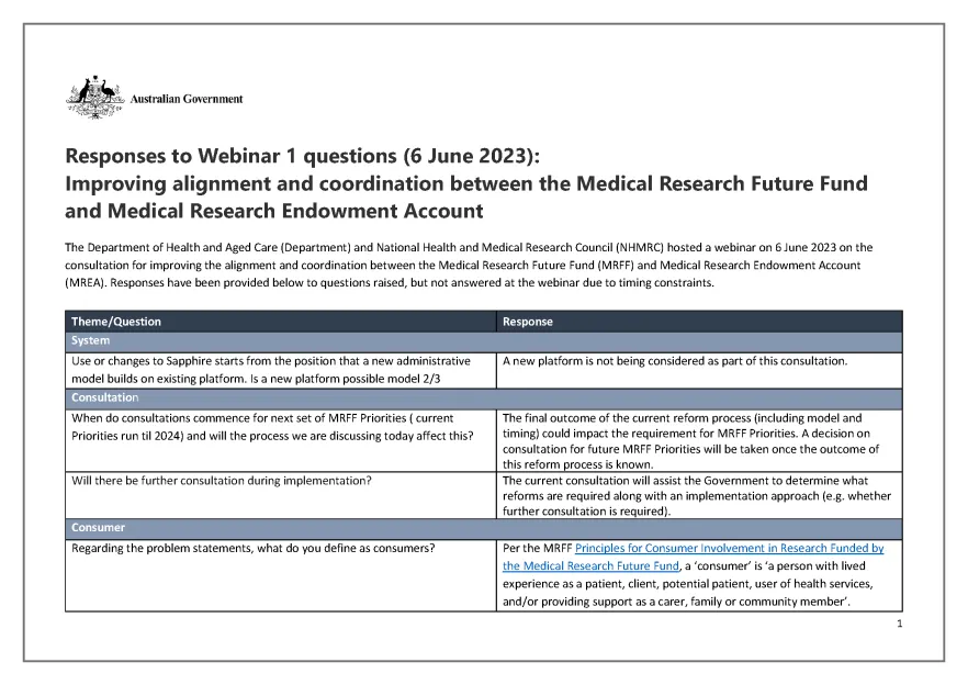 Improving alignment and coordination between the MRFF and MREA: Responses to webinar 1 questions (6 June 2023)