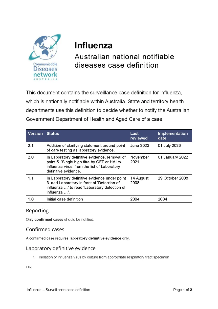 Influenza (laboratory confirmed) – Surveillance case definition