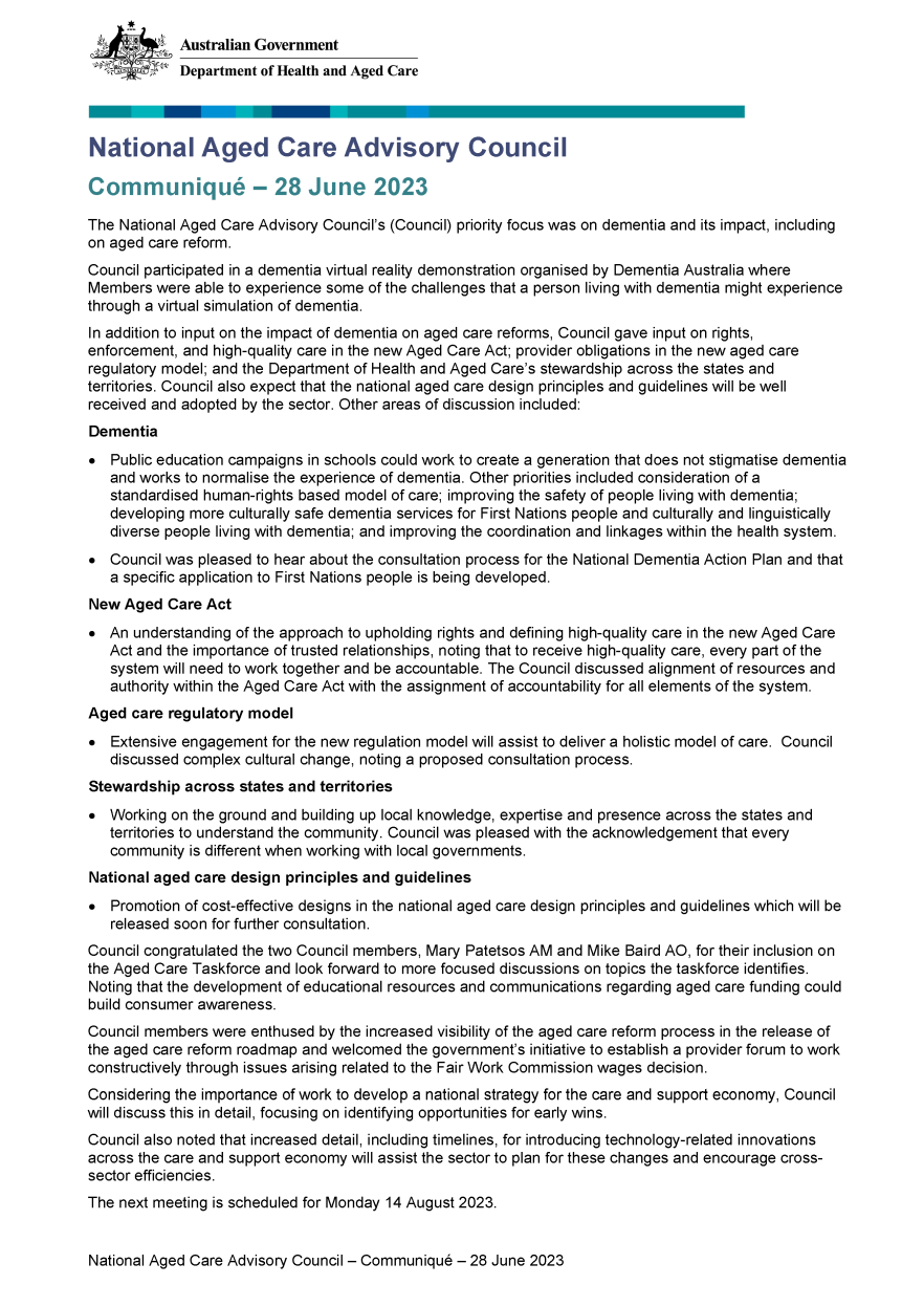 National Aged Care Advisory Council communique – June 2023