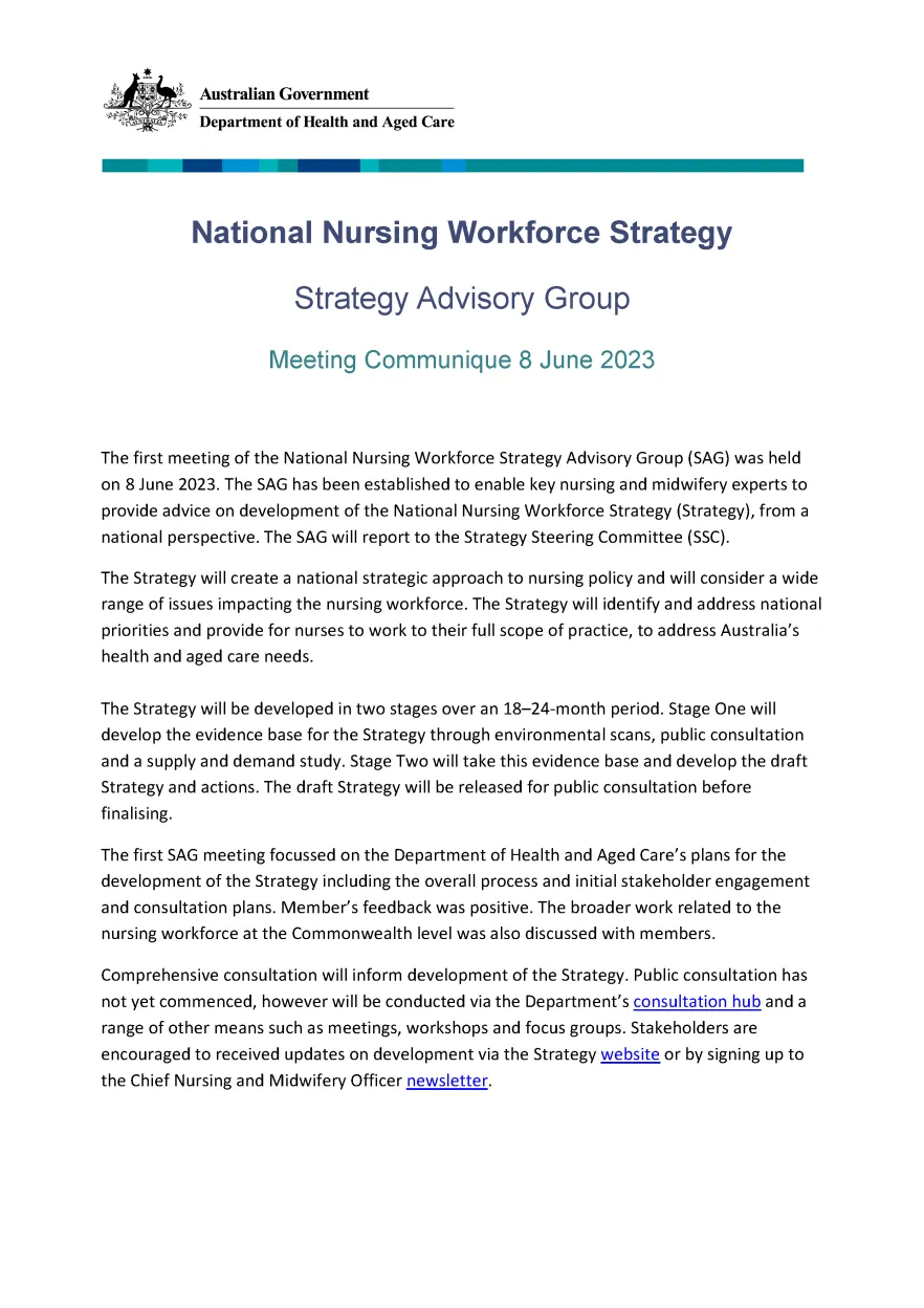 National Nursing Workforce Strategy Strategy Advisory Group - meeting communique 8 June 2023