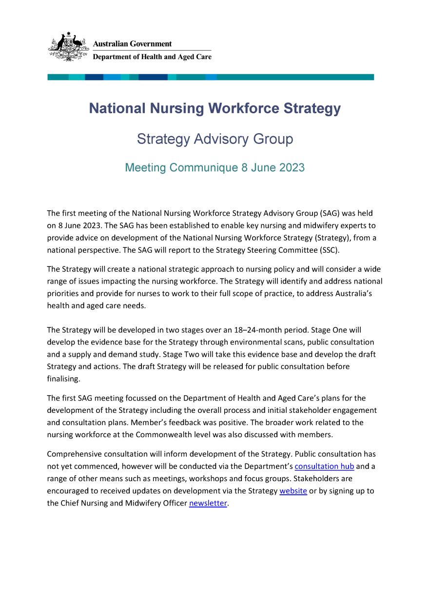 National Nursing Workforce Strategy Strategy Advisory Group - meeting communique 8 June 2023
