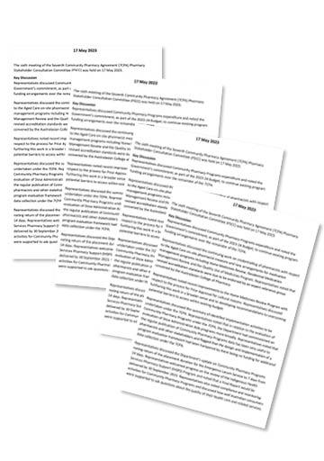 Pharmacy Stakeholder Consultation Committee – Terms of reference, communiques and implementation activities