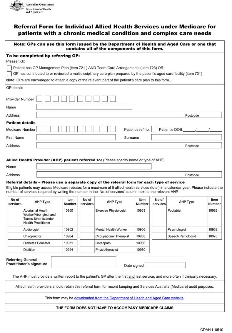 Referral form for chronic disease allied health services under Medicare