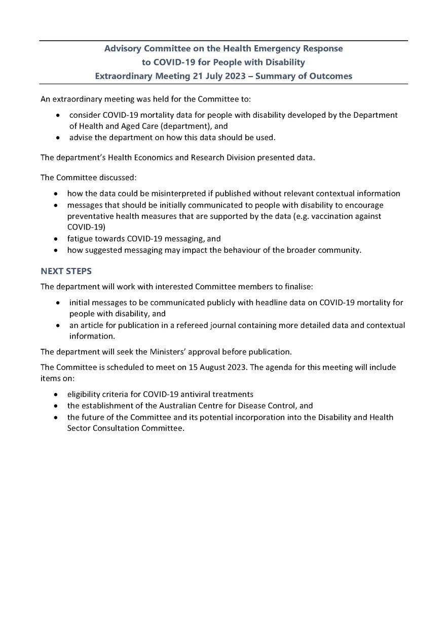 Advisory Committee for the COVID-19 Response for People with Disability – Summary of outcomes 21 July 2023