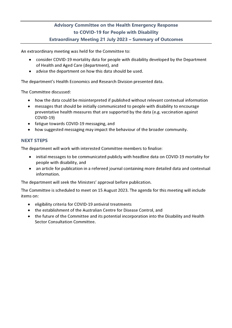 Advisory Committee for the COVID-19 Response for People with Disability – Summary of outcomes 21 July 2023