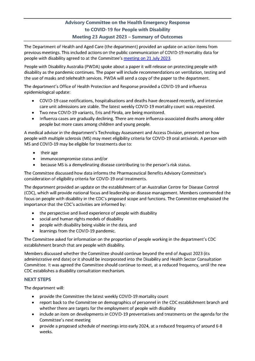 Advisory Committee for the COVID-19 Response for People with Disability – Summary of outcomes 23 August 2023