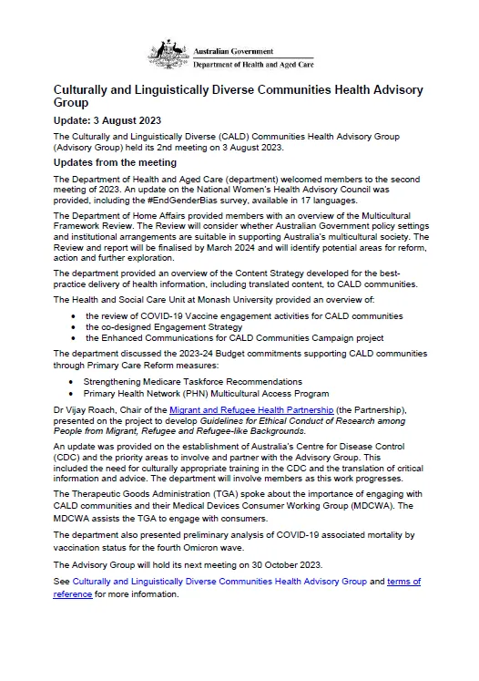 CALD COVID-19 Advisory Group communique – 3 August 2023