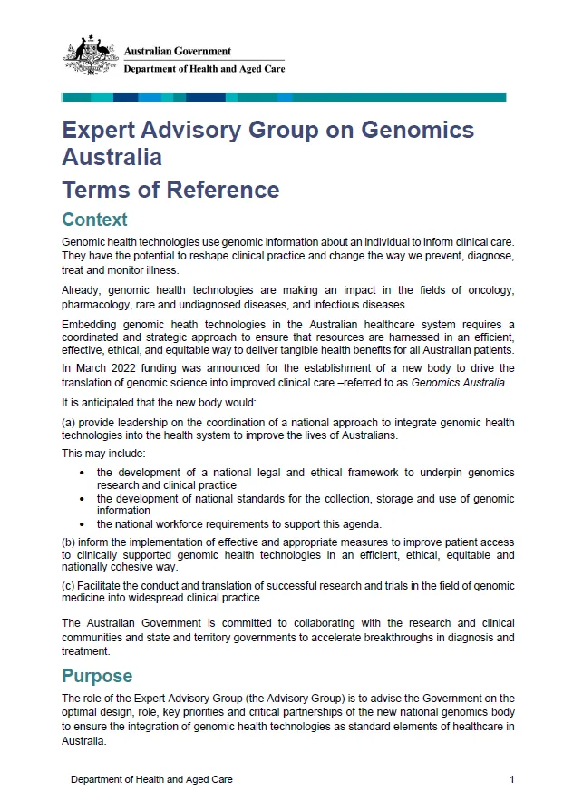 Expert Advisory Group on Genomics Australia – Terms of Reference
