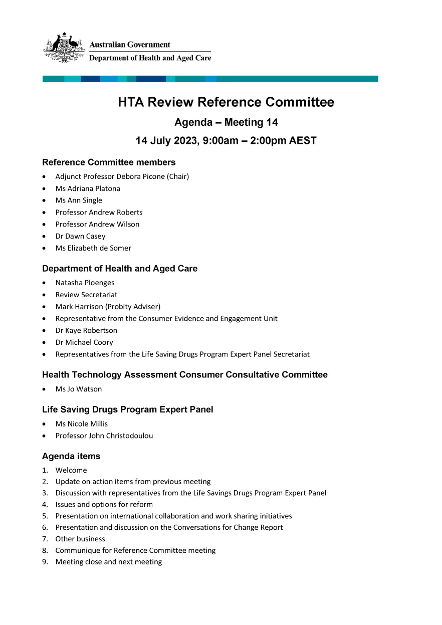Health Technology Assessment Policy and Methods Review - Reference committee meeting agenda – 14 July 2023