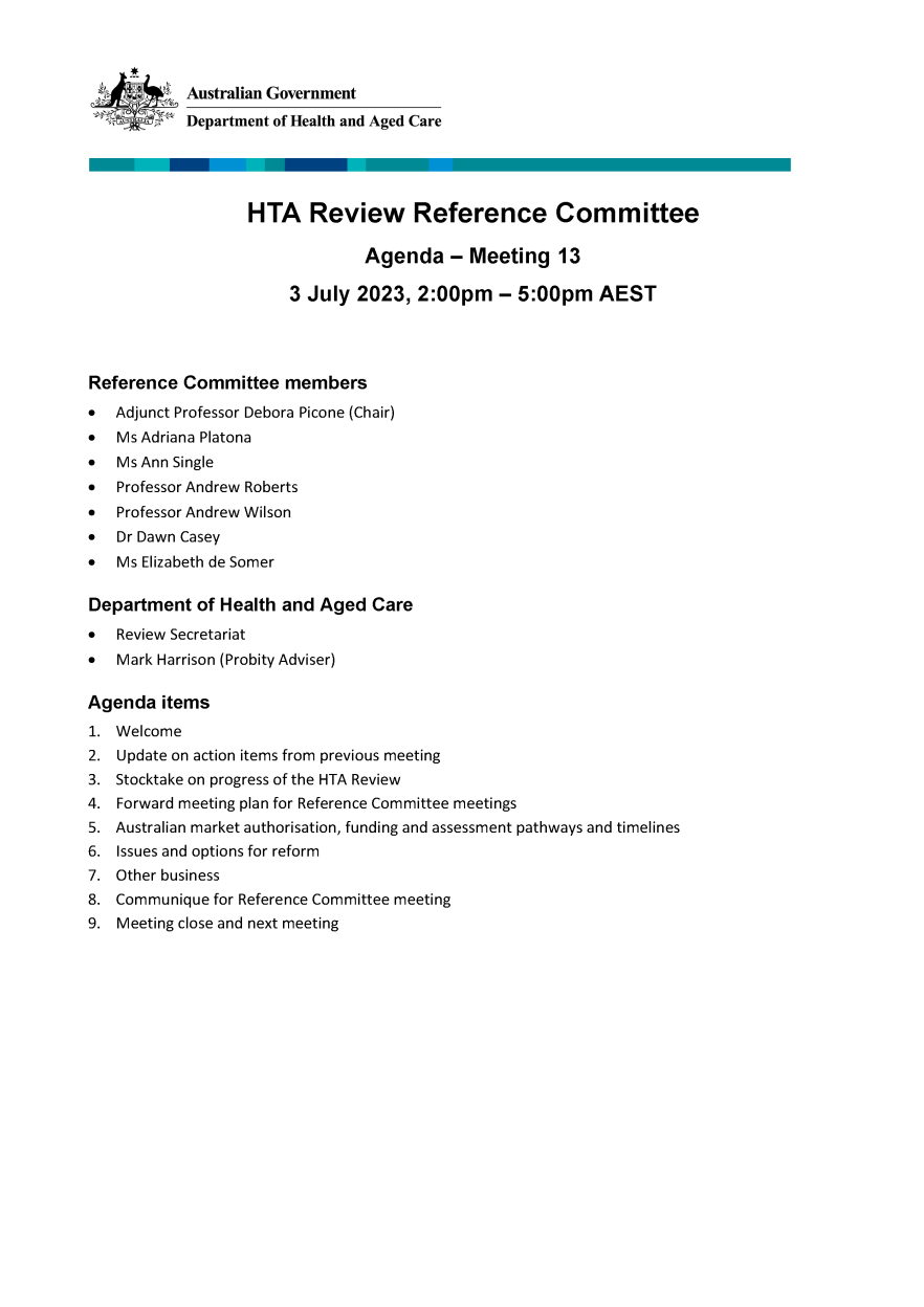 Health Technology Assessment Policy and Methods Review - Reference committee meeting agenda – 3 July 2023
