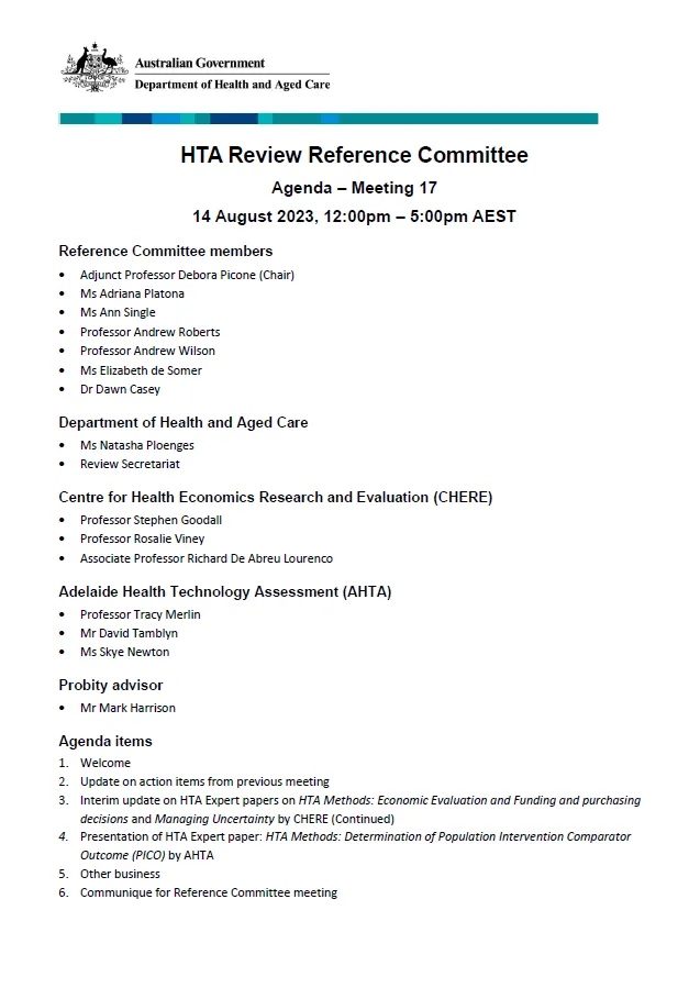 Health Technology Assessment Policy and Methods Review – Reference committee meeting agenda – 14 August 2023