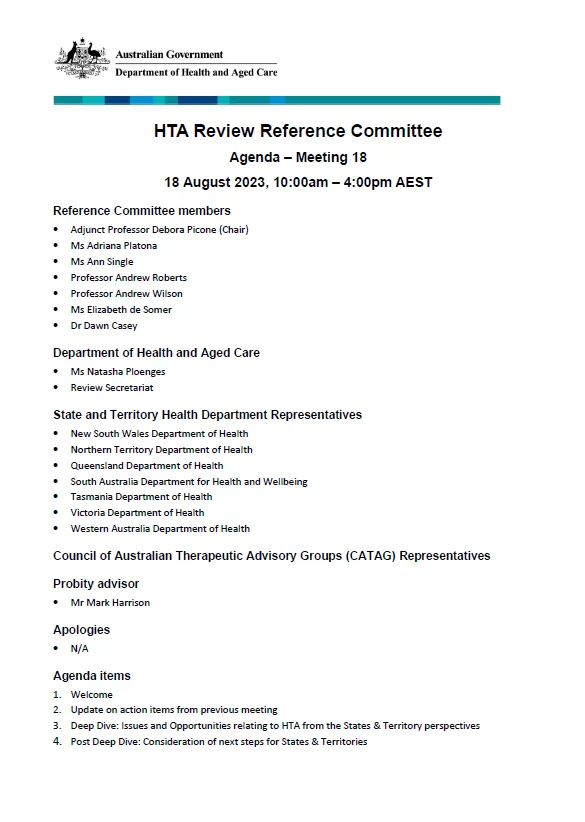 Health Technology Assessment Policy and Methods Review – Reference committee meeting agenda – 18 August 2023