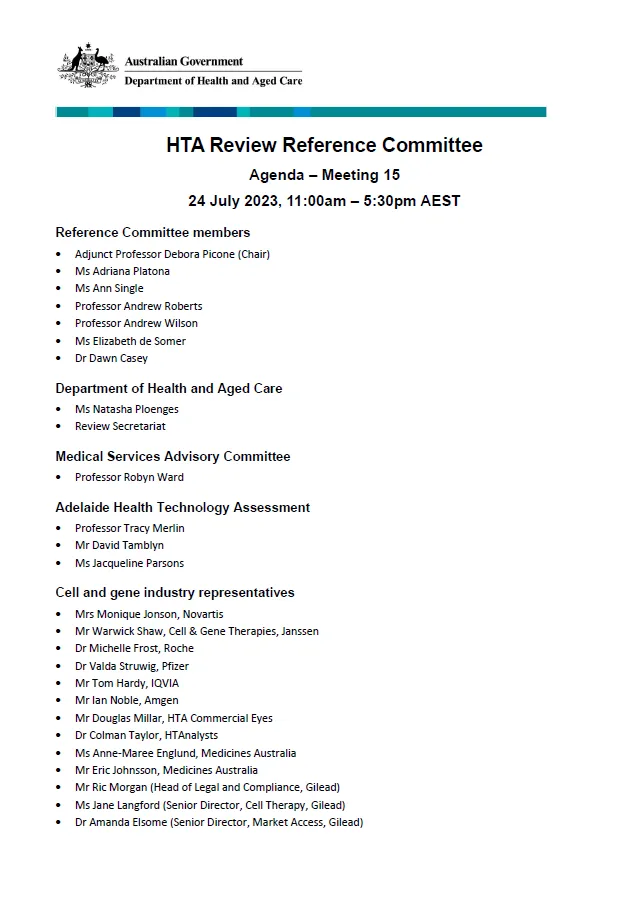 Health Technology Assessment Policy and Methods Review - Reference committee meeting agenda – 24 July 2023