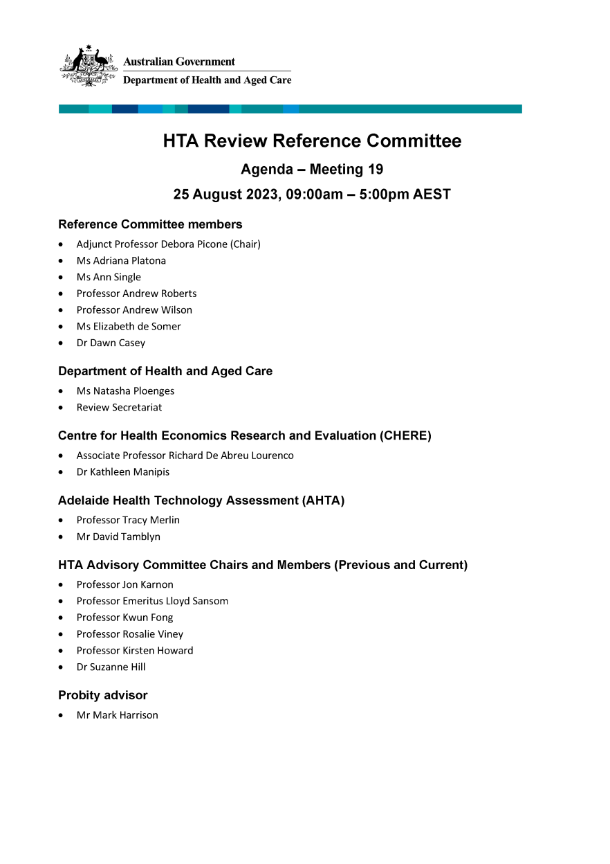Health Technology Assessment Policy and Methods Review – Reference committee meeting agenda – 25 August 2023