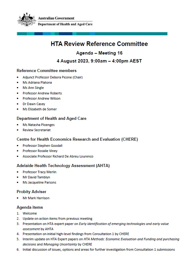 Health Technology Assessment Policy and Methods Review - Reference committee meeting agenda – 4 August 2023