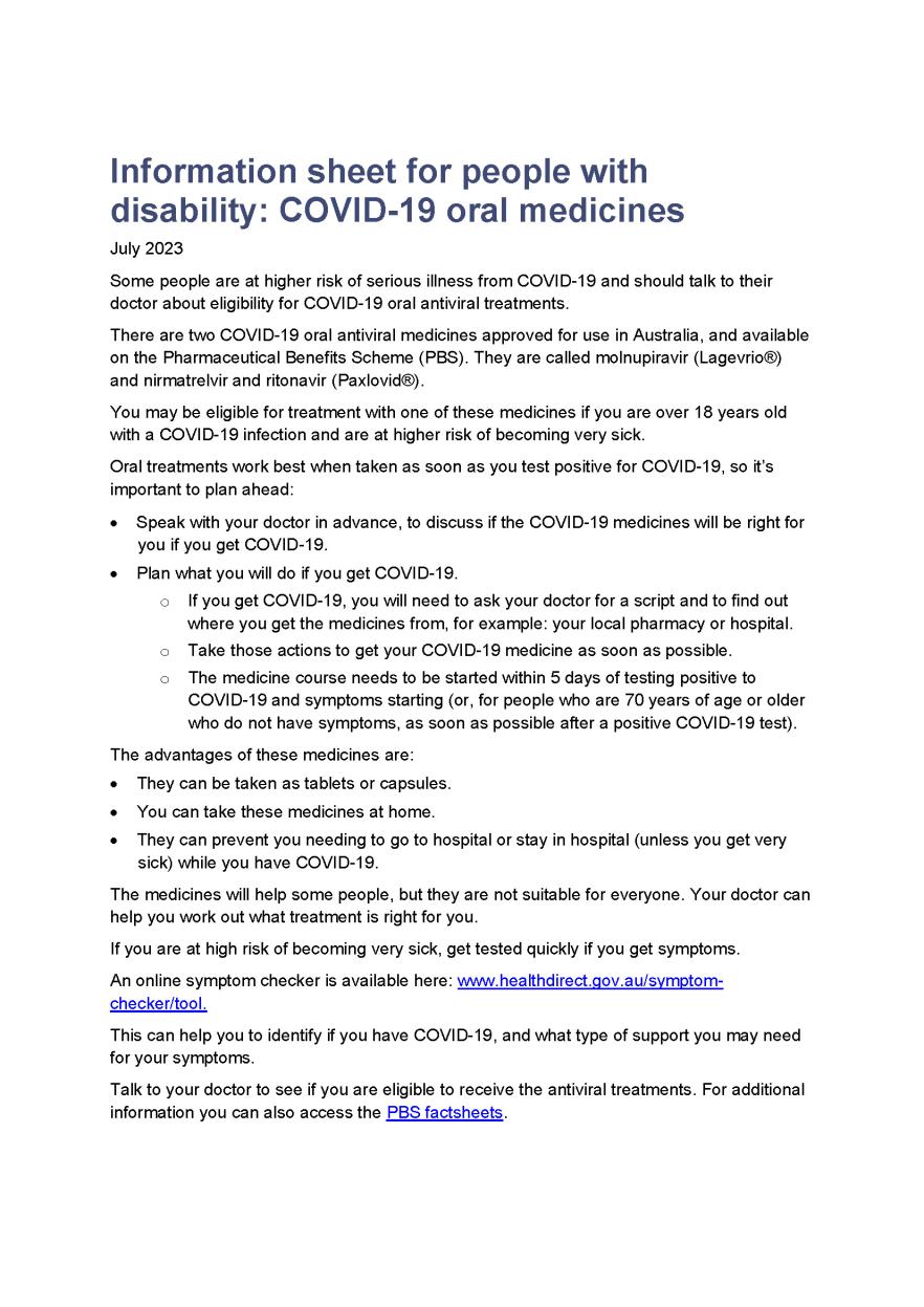 Information sheet for people with disability – COVID-19 oral medicines