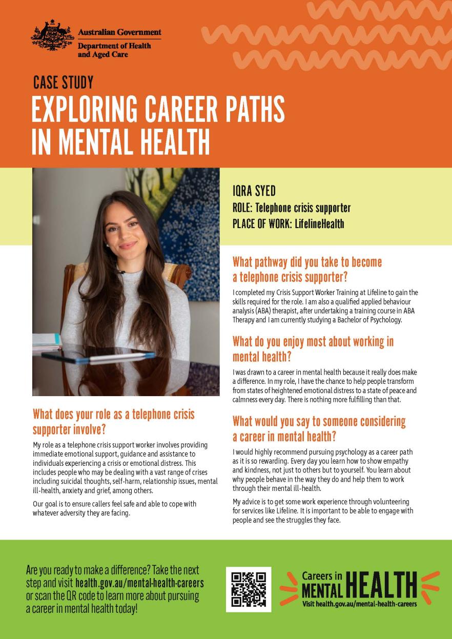 Mental health careers – Fact sheet – Applied Behaviour Analyst and Telephone Crisis Supporter Iqra Syed