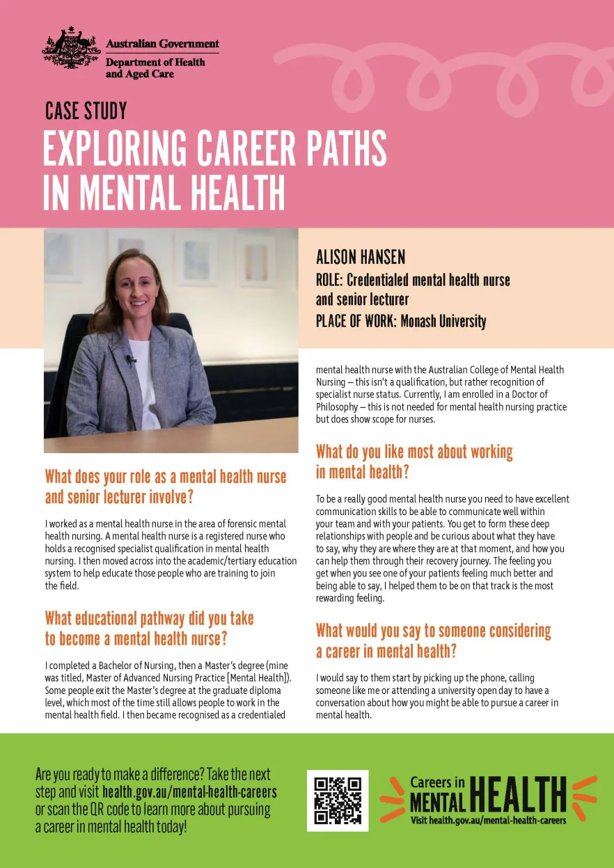Mental health careers – Fact sheet – Credentialed Mental Health Nurse Alison Hansen