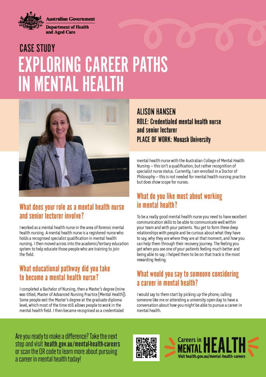 Mental health careers – Fact sheet – Credentialed Mental Health Nurse Alison Hansen