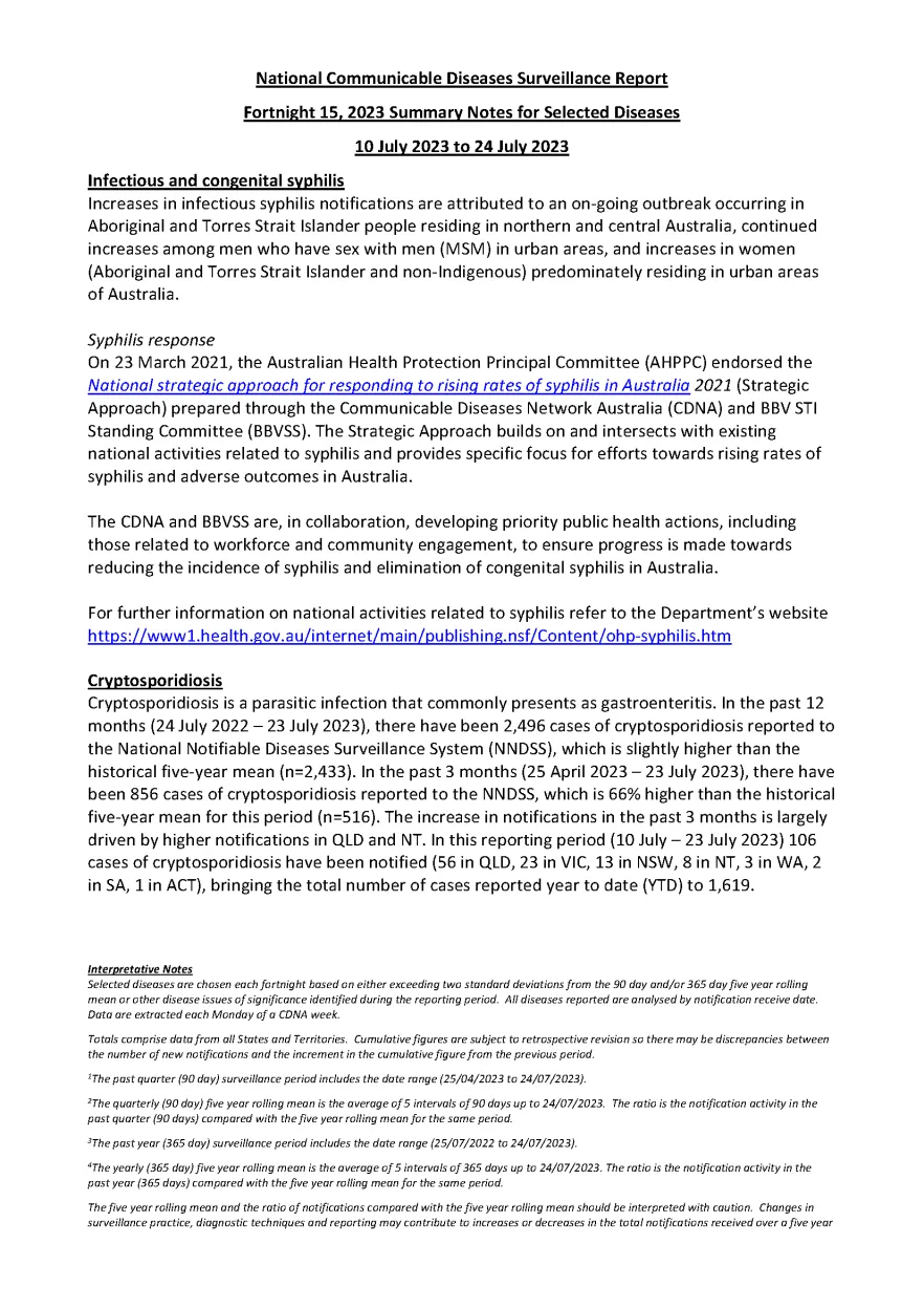 National Notifiable Diseases Surveillance System (NNDSS) fortnightly reports – 10 July 2023 to 24 July 2023