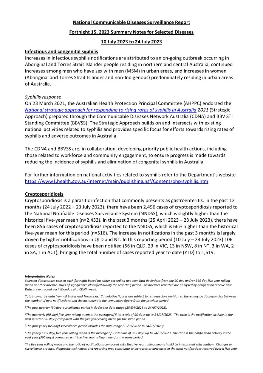 National Notifiable Diseases Surveillance System (NNDSS) fortnightly reports – 10 July 2023 to 24 July 2023