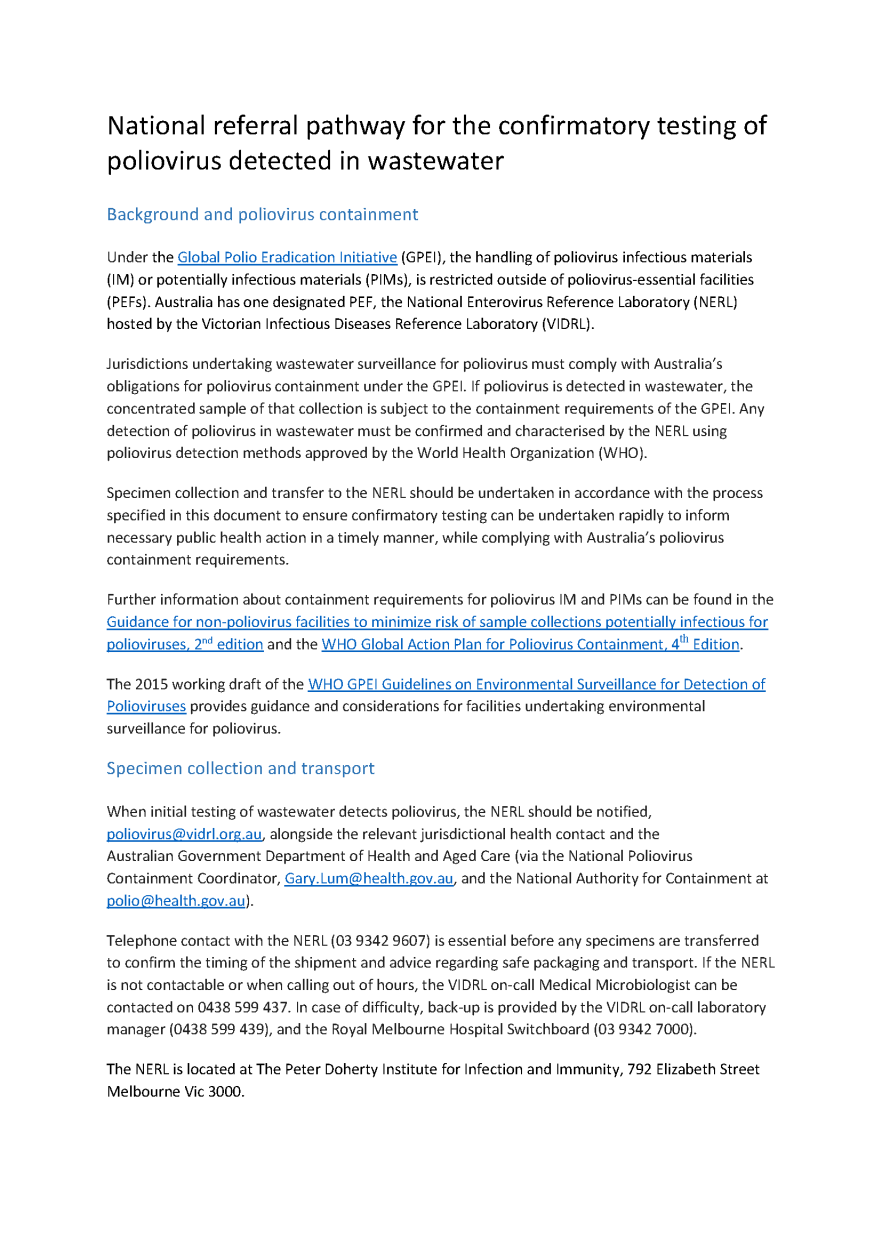 National referral pathway for the confirmatory testing of poliovirus detected in wastewater