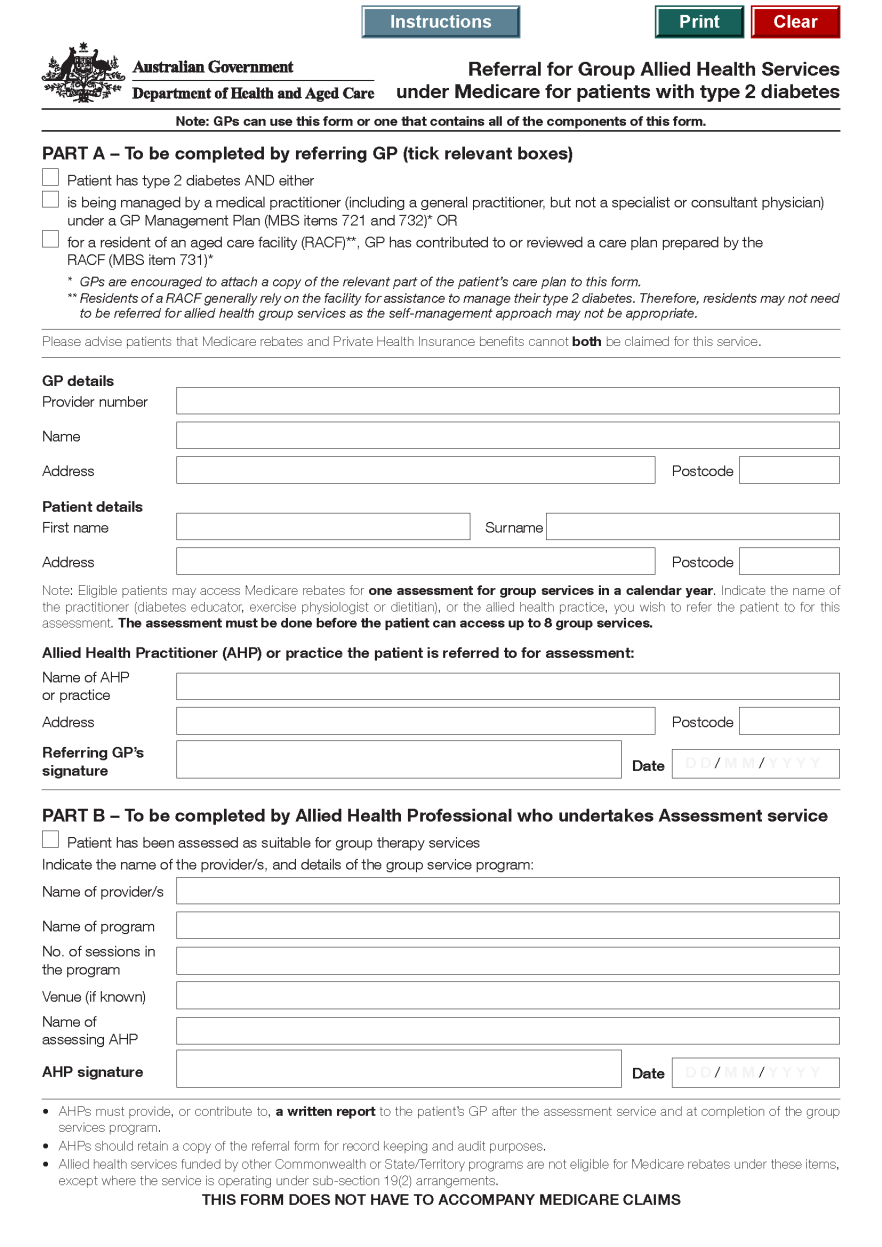 Referral form for group allied health services under Medicare for patients with type 2 diabetes