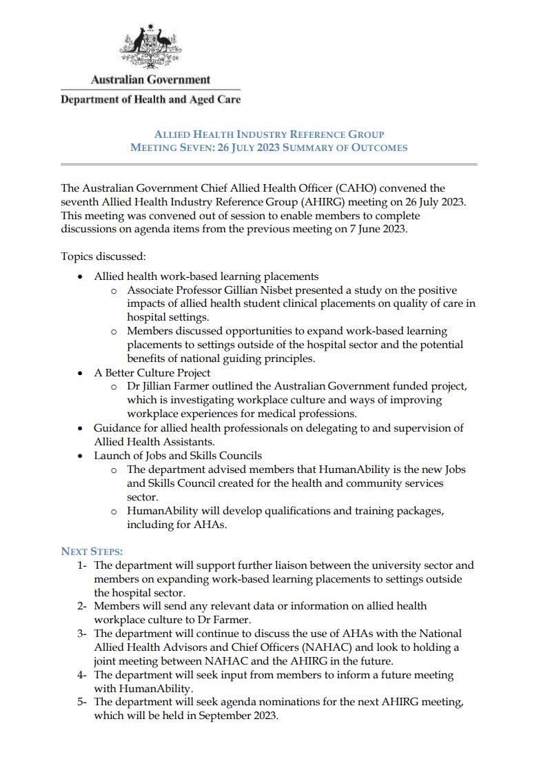 Allied Health Industry Reference Group Meeting 7 - Summary of Outcomes