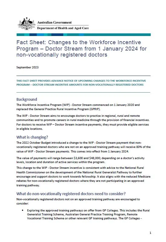 Changes to the Workforce Incentive Program – Doctor Stream from 1 January 2024 for non-vocationally registered doctors - Fact Sheet