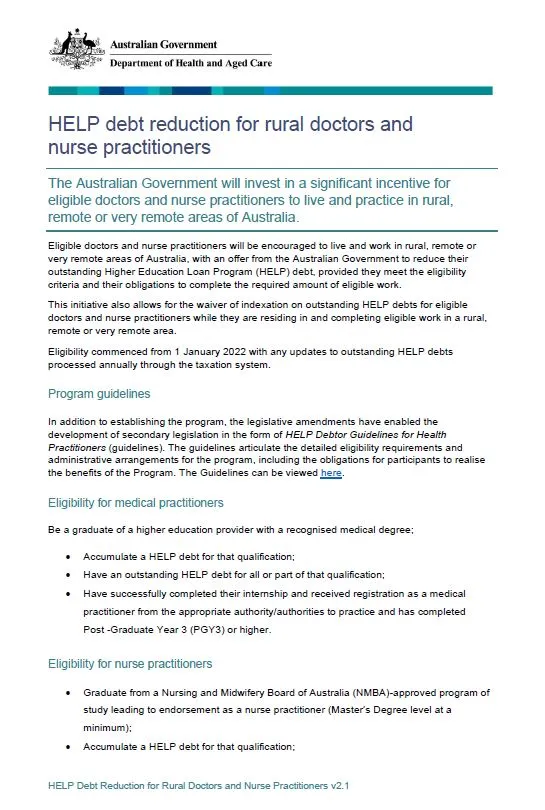 Fact sheet – HELP for Rural Doctors and Nurse Practitioners