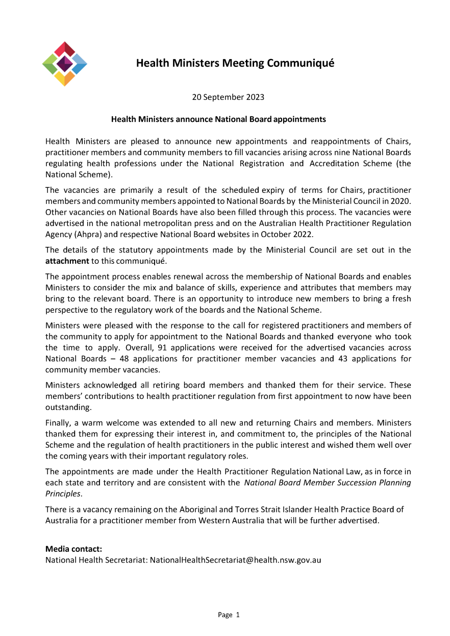Health Ministers Meeting (HMM) – Communique 20 September 2023