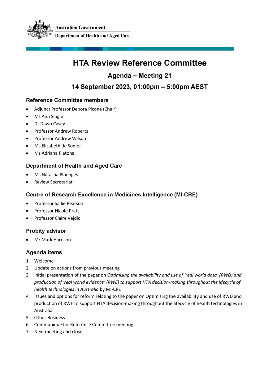 Health Technology Assessment Policy and Methods Review – Reference committee meeting agenda – 15 September 2023