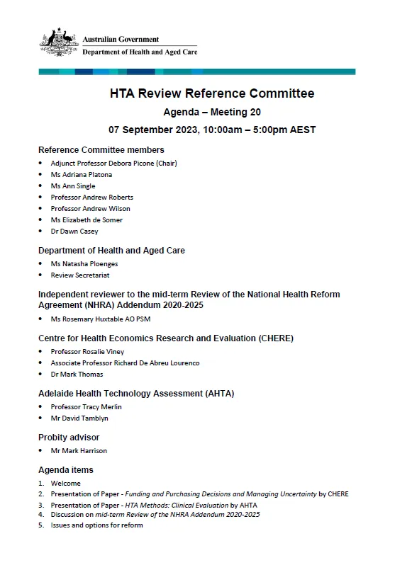Health Technology Assessment Policy and Methods Review – Reference committee meeting agenda – 7 September 2023