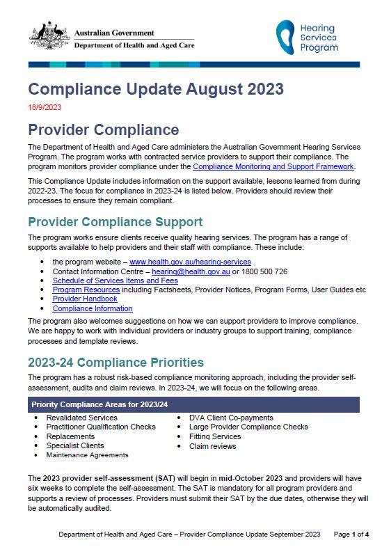 Hearing Services Program - Compliance Update August 2023
