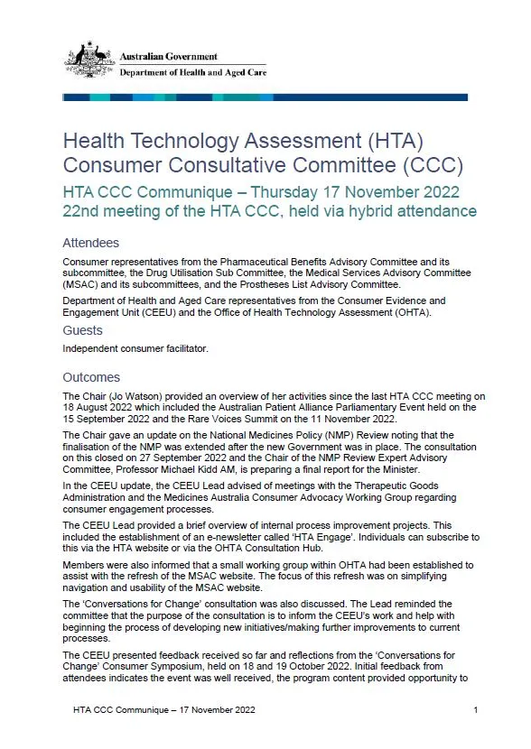 HTACCC communique – 17 November 2022  