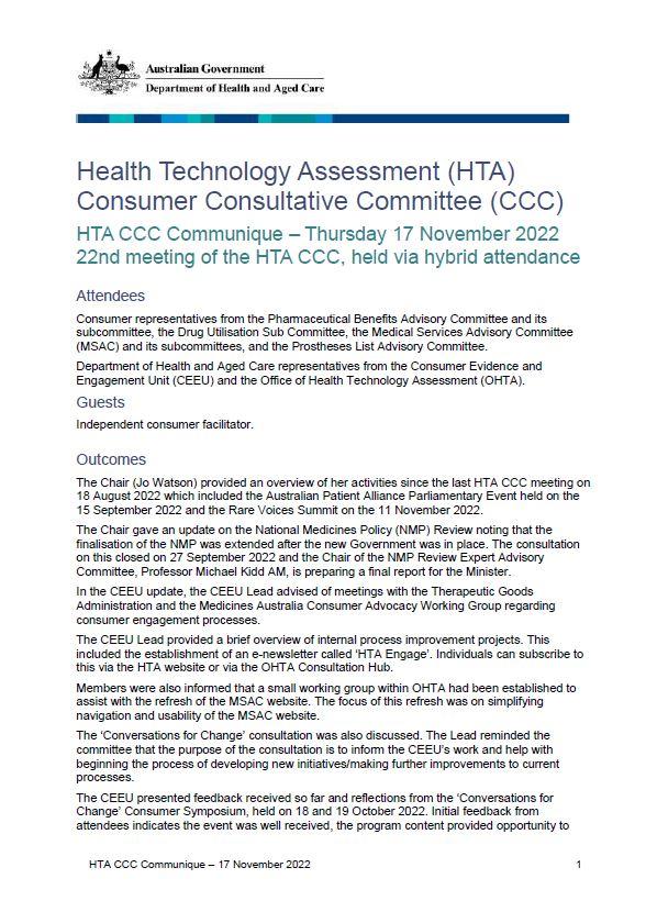 HTACCC communique – 17 November 2022  