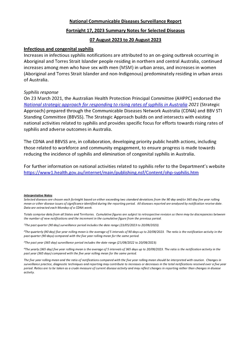 National Notifiable Diseases Surveillance System (NNDSS) fortnightly reports – 7 August 2023 to 20 August 2023