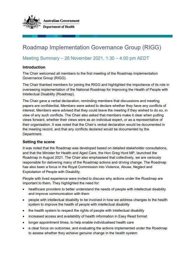 Roadmap Implementation Governance Group (RIGG) – Meeting minutes – 26 November 2021