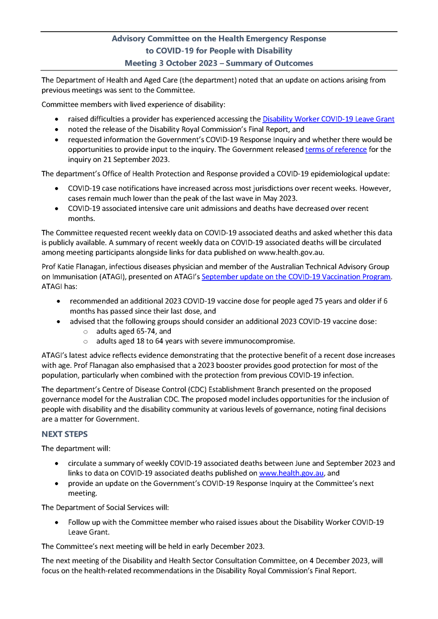 Advisory Committee for the COVID-19 Response for People with Disability – Summary of outcomes 3 October 2023
