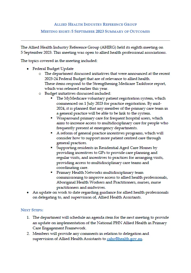 Allied Health Industry Reference Group – Summary of outcomes – 5 September 2023