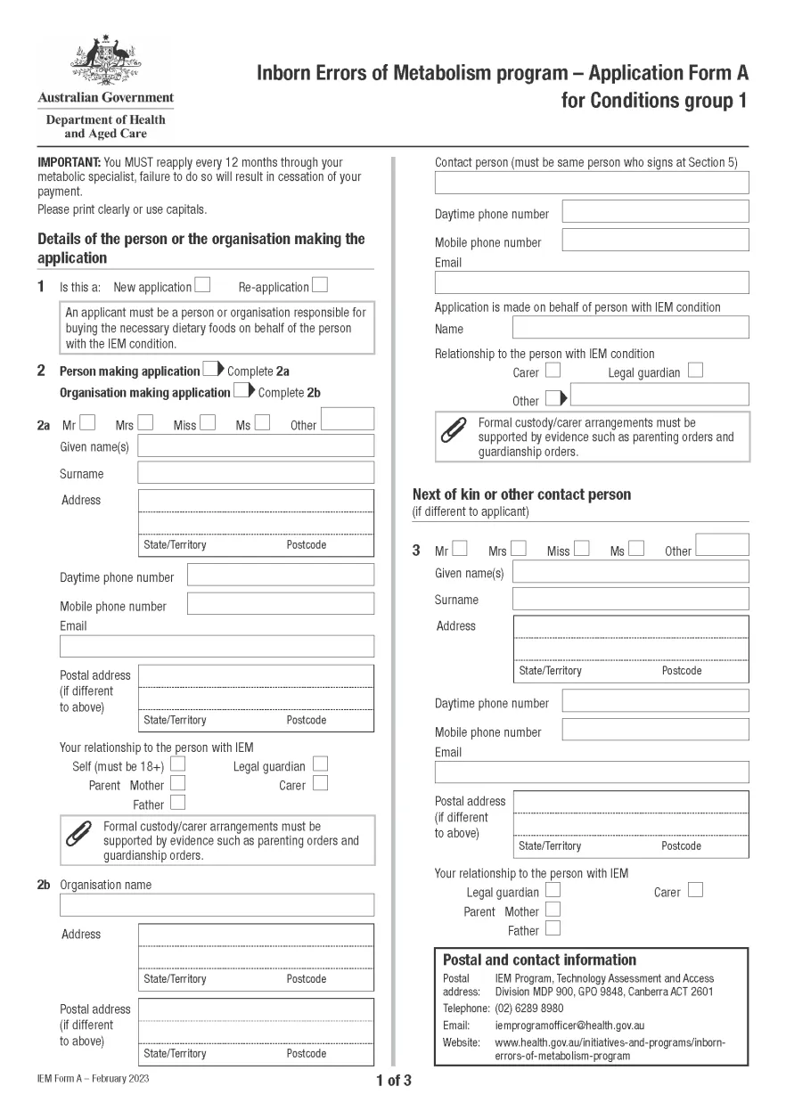 Application Form A for Conditions Group 1 – Inborn Errors of Metabolism
