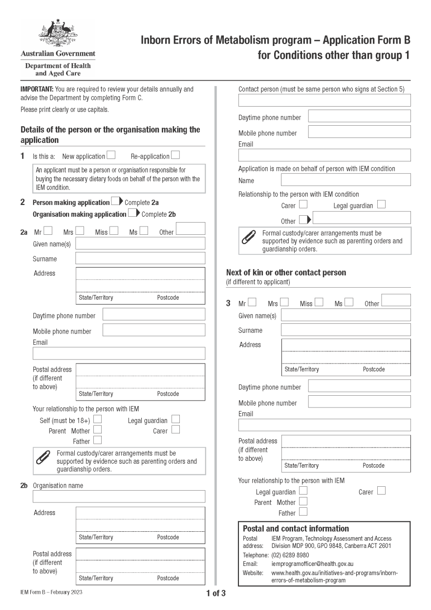 Application Form B for Conditions other than Group 1 – Inborn Errors of Metabolism