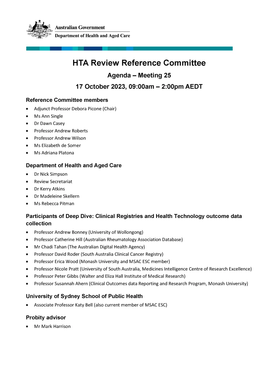 Health Technology Assessment Policy and Methods Review – Reference committee meeting agenda – 17 October 2023